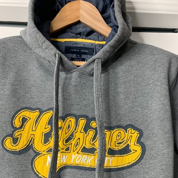 Tommy Hilfiger XL Grey Hoodie Vintage Style NYC Embroidery Logo Cuff Sweatshirt - Picture 6 of 16